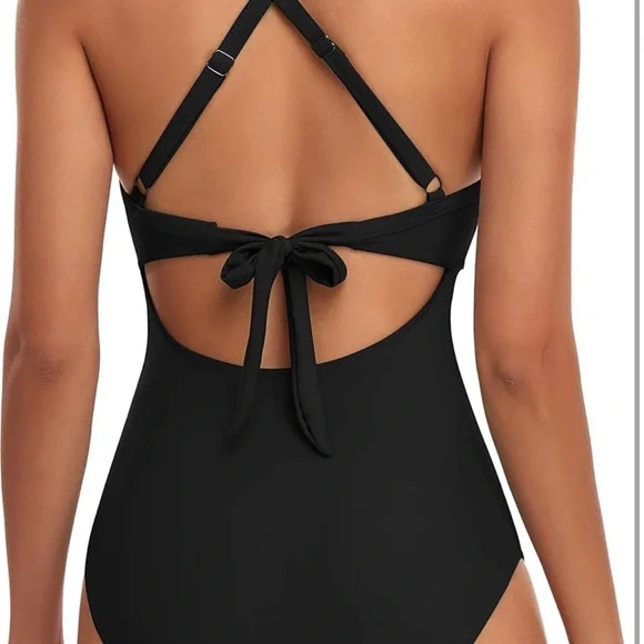 Chic Black Women's One-Piece Swimsuit Wrap tie back Tummy control L/0022 - Picture 3 of 4